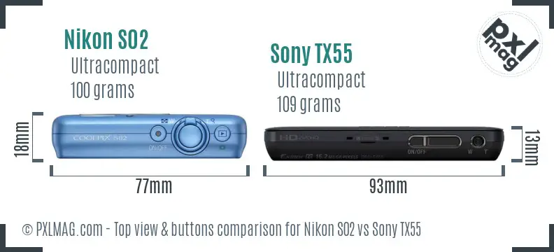 Nikon S02 vs Sony TX55 top view buttons comparison