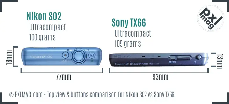 Nikon S02 vs Sony TX66 top view buttons comparison