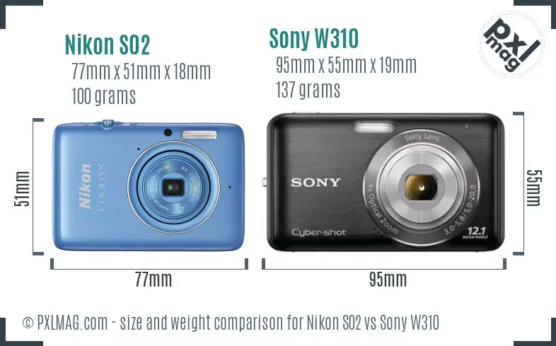 Nikon S02 vs Sony W310 size comparison