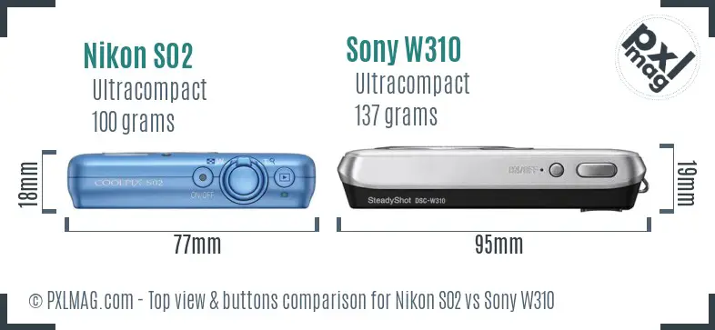 Nikon S02 vs Sony W310 top view buttons comparison