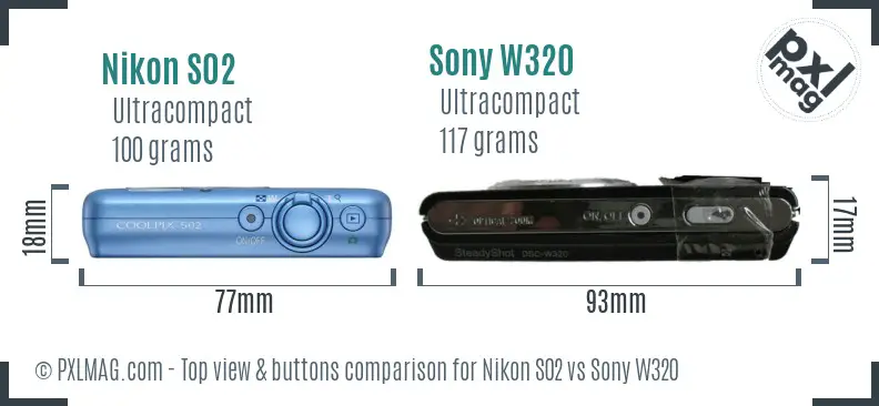 Nikon S02 vs Sony W320 top view buttons comparison