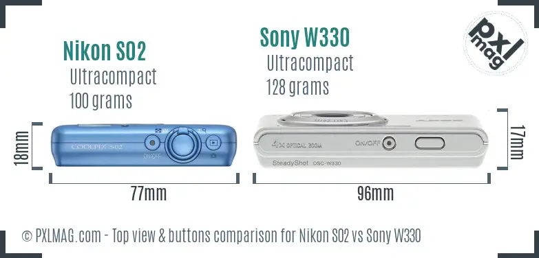 Nikon S02 vs Sony W330 top view buttons comparison