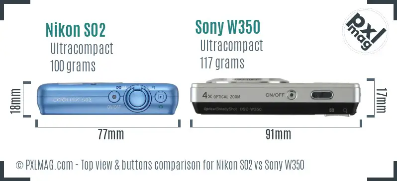 Nikon S02 vs Sony W350 top view buttons comparison