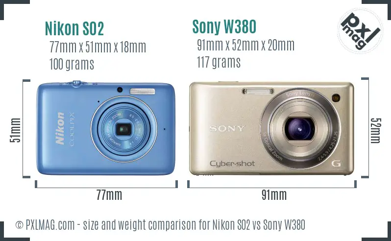 Nikon S02 vs Sony W380 size comparison