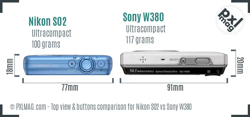 Nikon S02 vs Sony W380 top view buttons comparison
