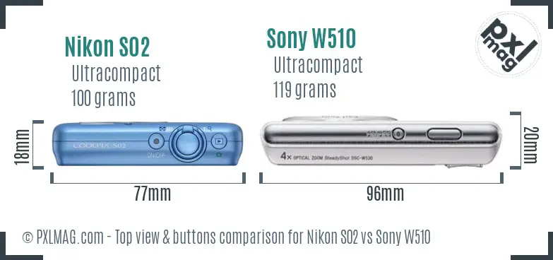 Nikon S02 vs Sony W510 top view buttons comparison