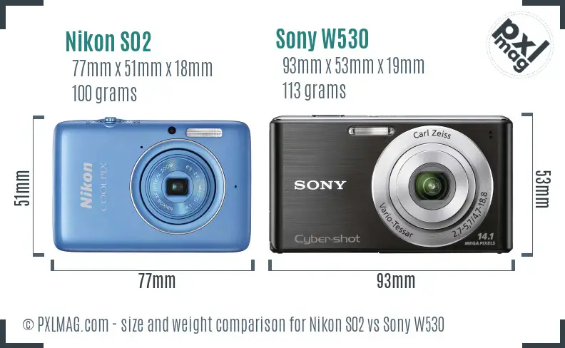 Nikon S02 vs Sony W530 size comparison