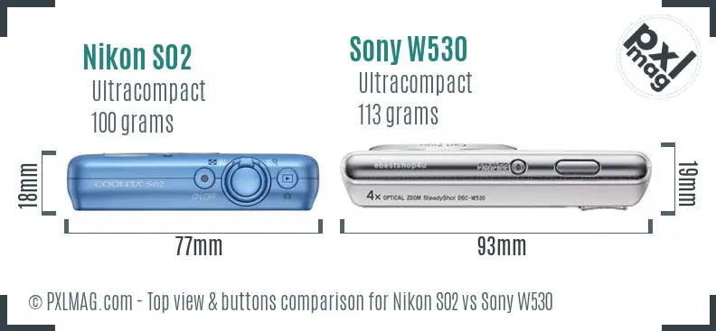 Nikon S02 vs Sony W530 top view buttons comparison