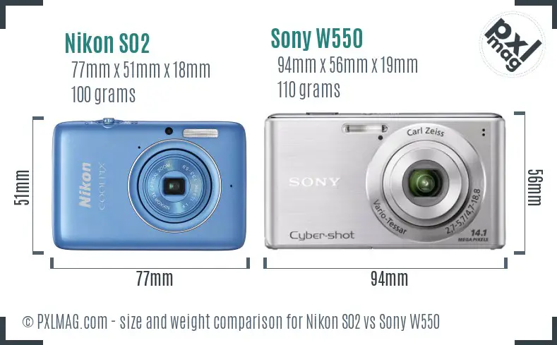 Nikon S02 vs Sony W550 size comparison