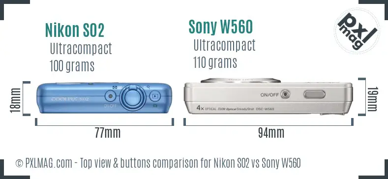 Nikon S02 vs Sony W560 top view buttons comparison Nikon S02 vs Sony W560 top view buttons comparison