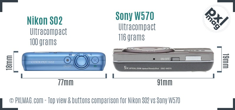 Nikon S02 vs Sony W570 top view buttons comparison