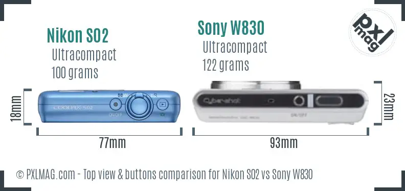 Nikon S02 vs Sony W830 top view buttons comparison