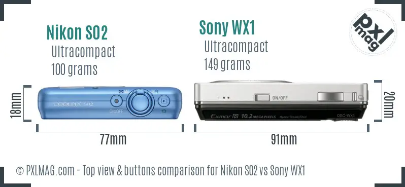 Nikon S02 vs Sony WX1 top view buttons comparison