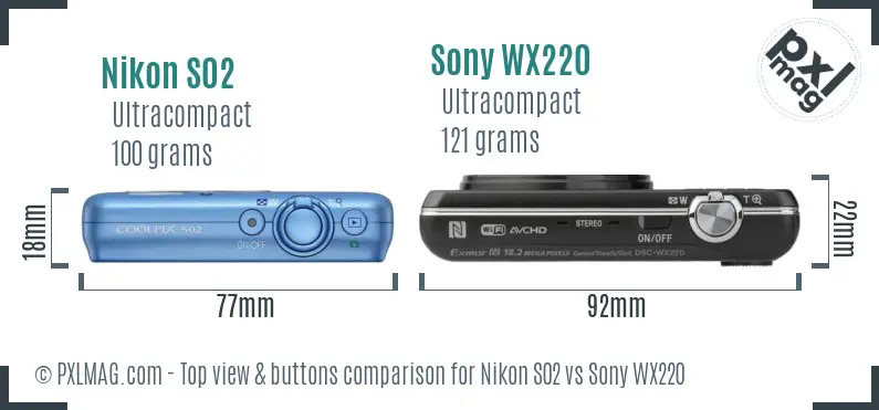 Nikon S02 vs Sony WX220 top view buttons comparison