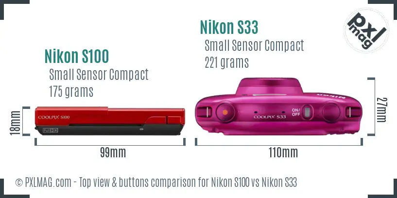 Nikon S100 vs Nikon S33 top view buttons comparison