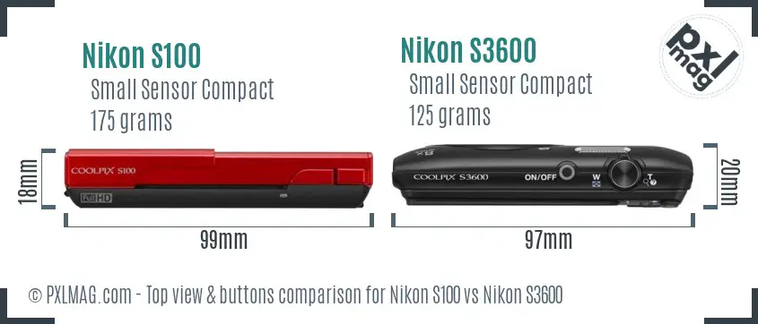 Nikon S100 vs Nikon S3600 top view buttons comparison