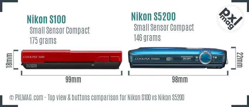 Nikon S100 vs Nikon S5200 top view buttons comparison