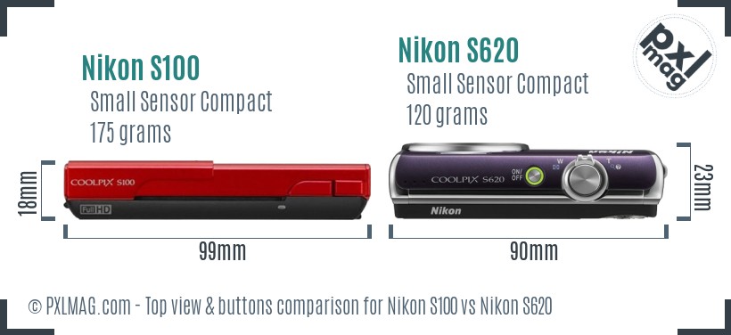 Nikon S100 vs Nikon S620 top view buttons comparison