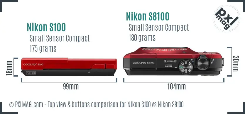 Nikon S100 vs Nikon S8100 top view buttons comparison