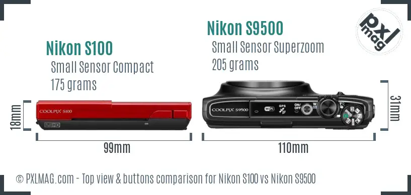 Nikon S100 vs Nikon S9500 top view buttons comparison