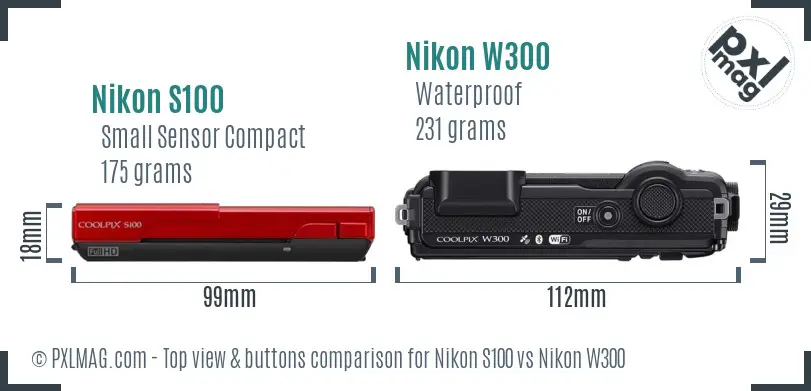 Nikon S100 vs Nikon W300 top view buttons comparison Nikon S100 vs Nikon W300 top view buttons comparison