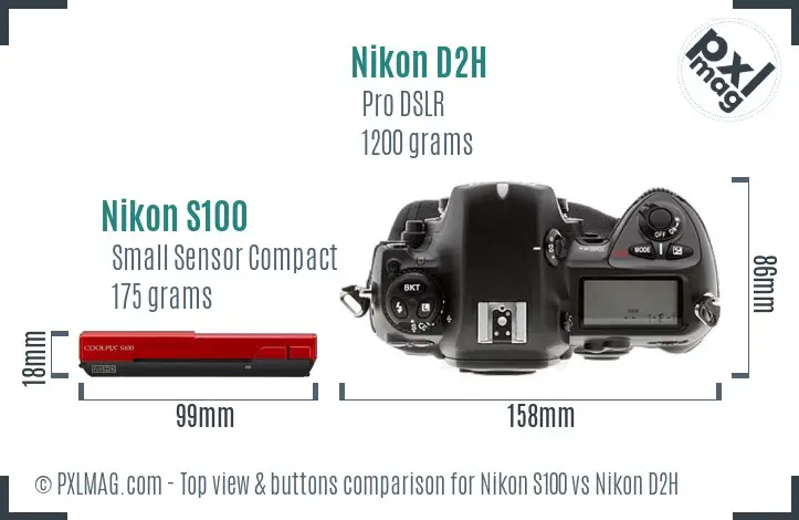 Nikon S100 vs Nikon D2H top view buttons comparison