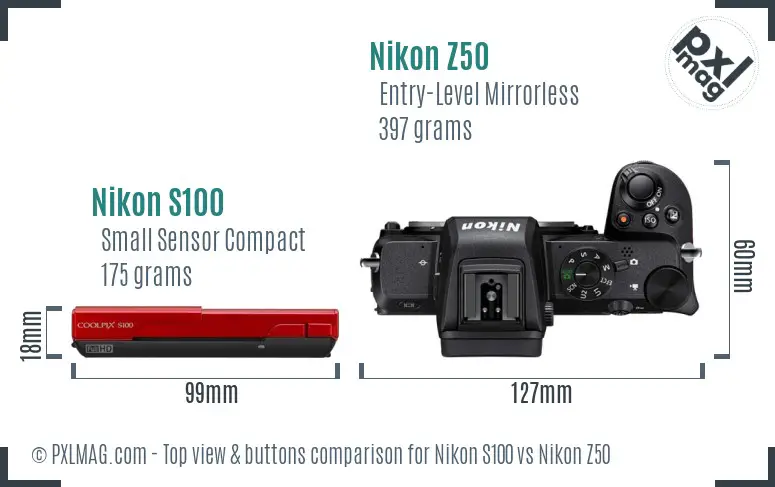Nikon S100 vs Nikon Z50 top view buttons comparison
