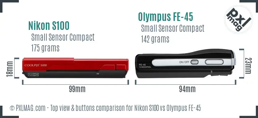Nikon S100 vs Olympus FE-45 top view buttons comparison
