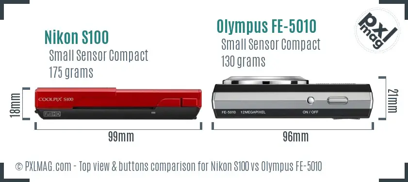 Nikon S100 vs Olympus FE-5010 top view buttons comparison