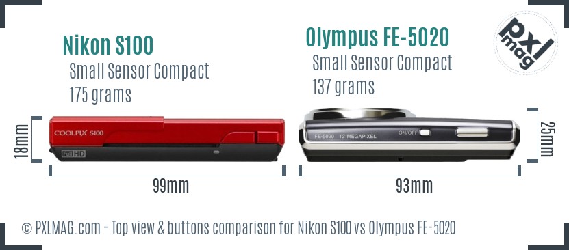 Nikon S100 vs Olympus FE-5020 top view buttons comparison