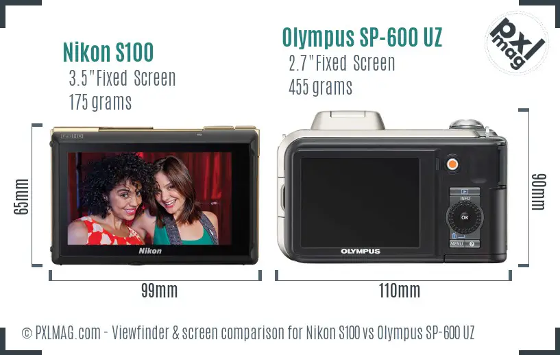 Nikon S100 vs Olympus SP-600 UZ Screen and Viewfinder comparison