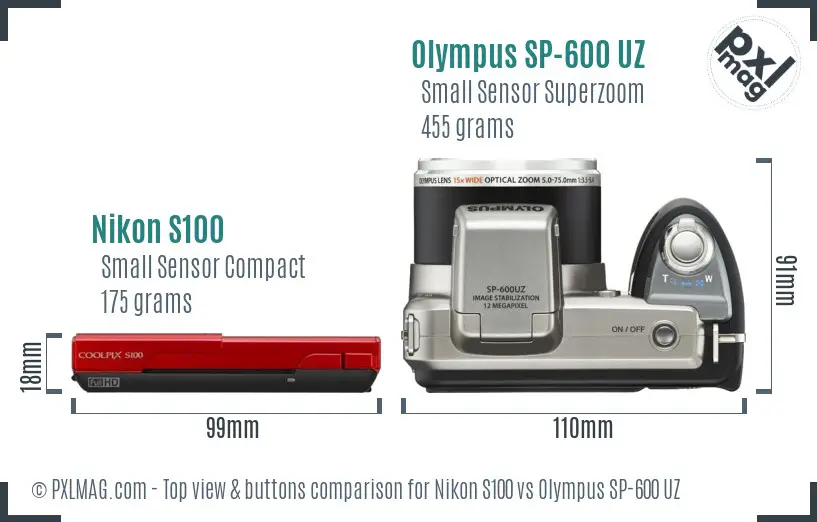 Nikon S100 vs Olympus SP-600 UZ top view buttons comparison