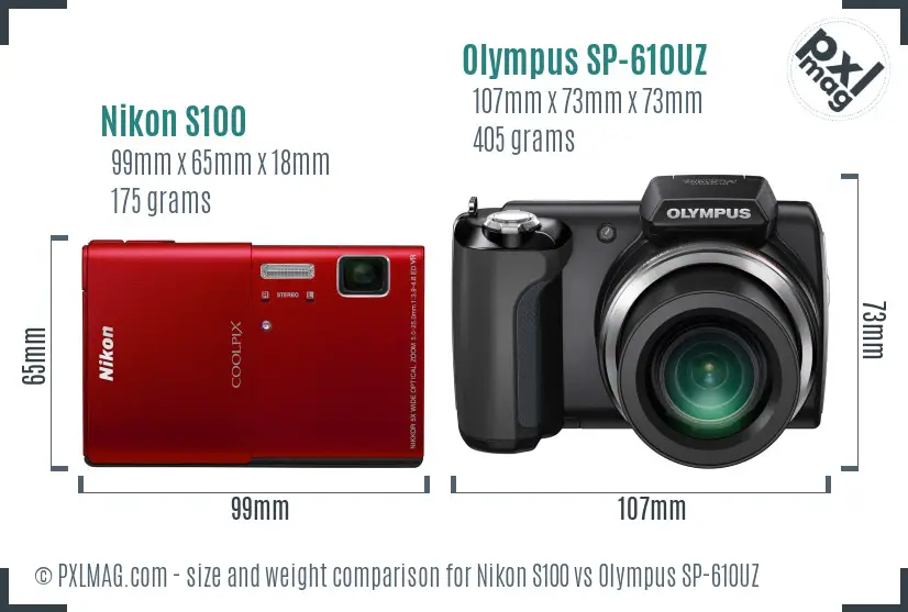 Nikon S100 vs Olympus SP-610UZ size comparison Nikon S100 vs Olympus SP-610UZ size comparison