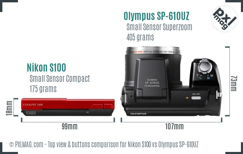 Nikon S100 vs Olympus SP-610UZ top view buttons comparison Nikon S100 vs Olympus SP-610UZ top view buttons comparison