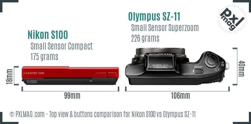 Nikon S100 vs Olympus SZ-11 top view buttons comparison