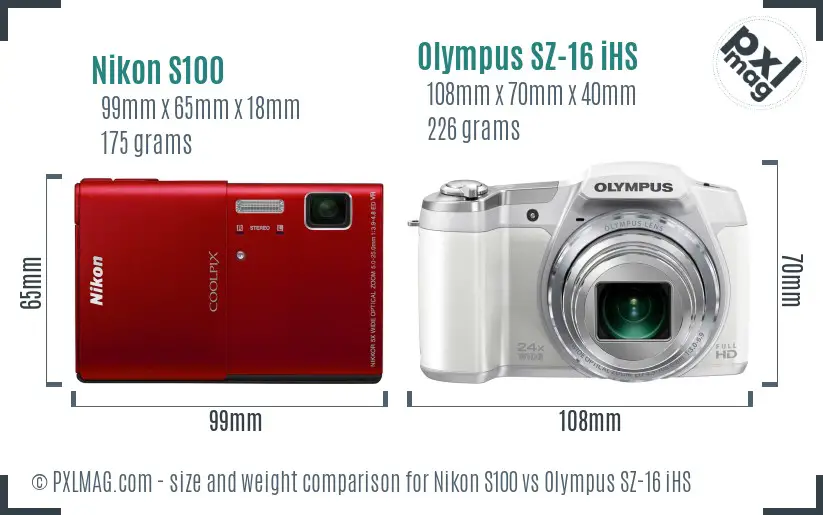 Nikon S100 vs Olympus SZ-16 iHS size comparison Nikon S100 vs Olympus SZ-16 iHS size comparison
