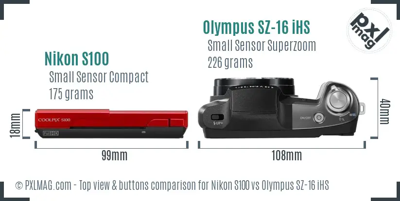 Nikon S100 vs Olympus SZ-16 iHS top view buttons comparison Nikon S100 vs Olympus SZ-16 iHS top view buttons comparison