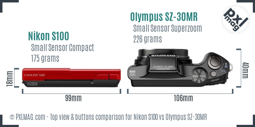 Nikon S100 vs Olympus SZ-30MR top view buttons comparison