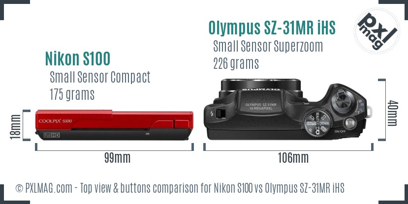 Nikon S100 vs Olympus SZ-31MR iHS top view buttons comparison