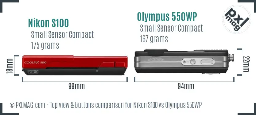 Nikon S100 vs Olympus 550WP top view buttons comparison Nikon S100 vs Olympus 550WP top view buttons comparison