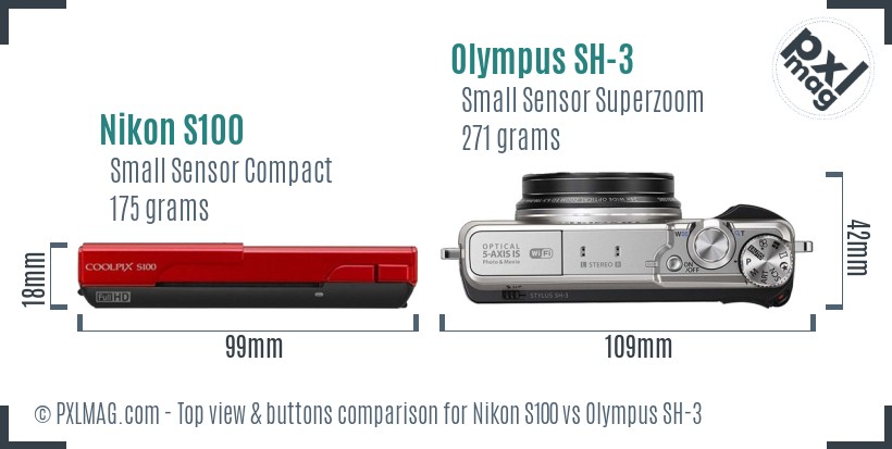 Nikon S100 vs Olympus SH-3 top view buttons comparison