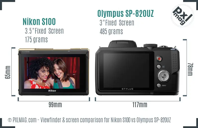 Nikon S100 vs Olympus SP-820UZ Screen and Viewfinder comparison