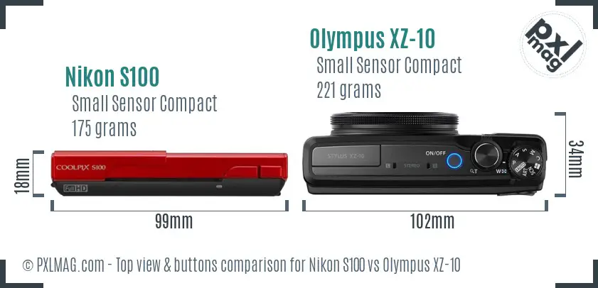 Nikon S100 vs Olympus XZ-10 top view buttons comparison