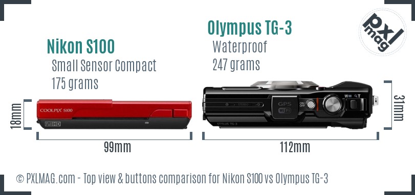 Nikon S100 vs Olympus TG-3 top view buttons comparison