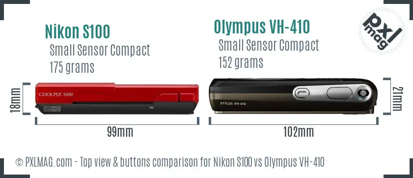 Nikon S100 vs Olympus VH-410 top view buttons comparison