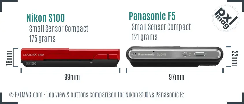 Nikon S100 vs Panasonic F5 top view buttons comparison