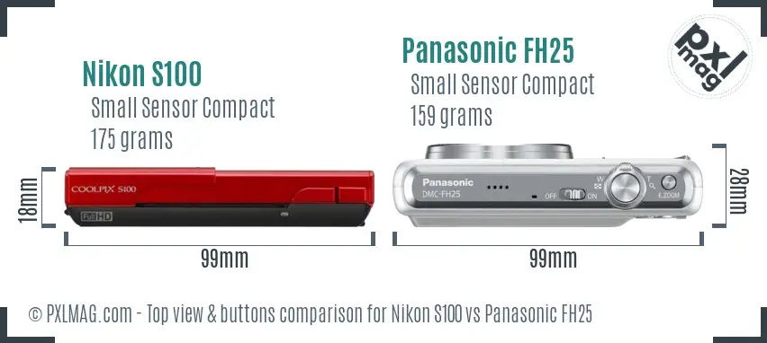 Nikon S100 vs Panasonic FH25 top view buttons comparison Nikon S100 vs Panasonic FH25 top view buttons comparison