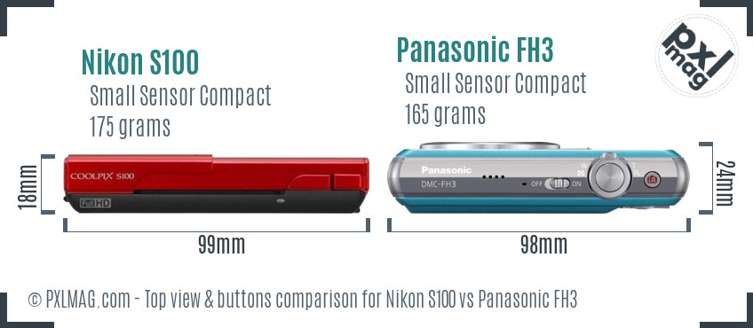 Nikon S100 vs Panasonic FH3 top view buttons comparison