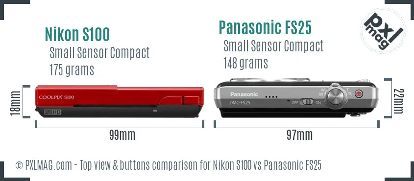 Nikon S100 vs Panasonic FS25 top view buttons comparison Nikon S100 vs Panasonic FS25 top view buttons comparison
