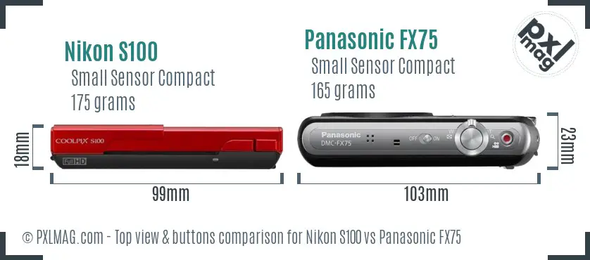 Nikon S100 vs Panasonic FX75 top view buttons comparison